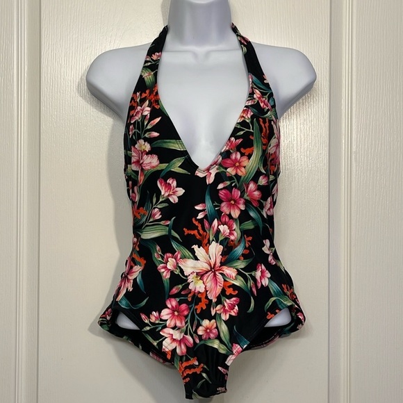 Carmen Marc Valvo Garden Party Black Floral Halter Swimsuit Size 10 EUC #1823 - Picture 3 of 9